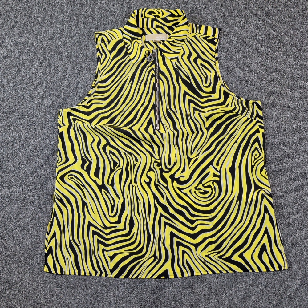 Michael‎ Michael Kors Modern Zebra Print Sleeveless Quarter Zip Top L Yellow